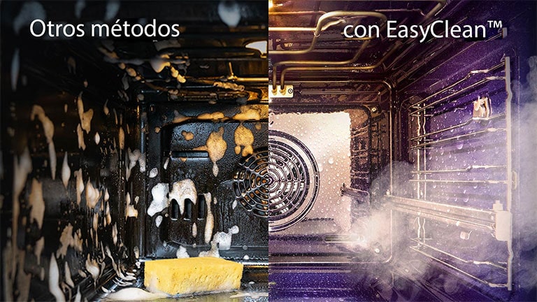 Imagen dividida, la imagen de la izquierda muestra el interior del horno burbujeante y la imagen de la derecha muestra el vapor que sale del interior del horno.