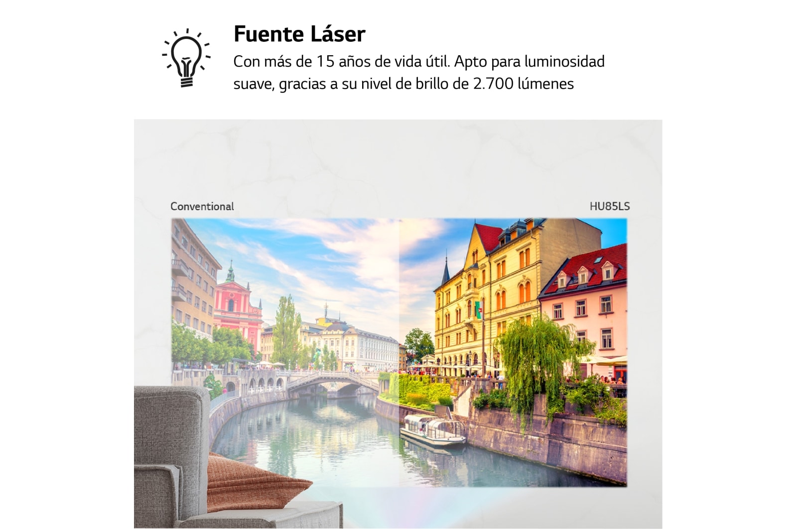 LG Proyector HU85LS - LG CineBeam con SmartTV webOS 4.5 de tiro corto (hasta 120", fuente Láser 3 Canales, 2.700 lúmenes, 3840 x 2160) 2.000.000:1, HU85LS