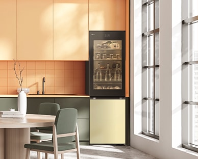 An image of a refrigerator placed in a yellow-toned kitchen.
