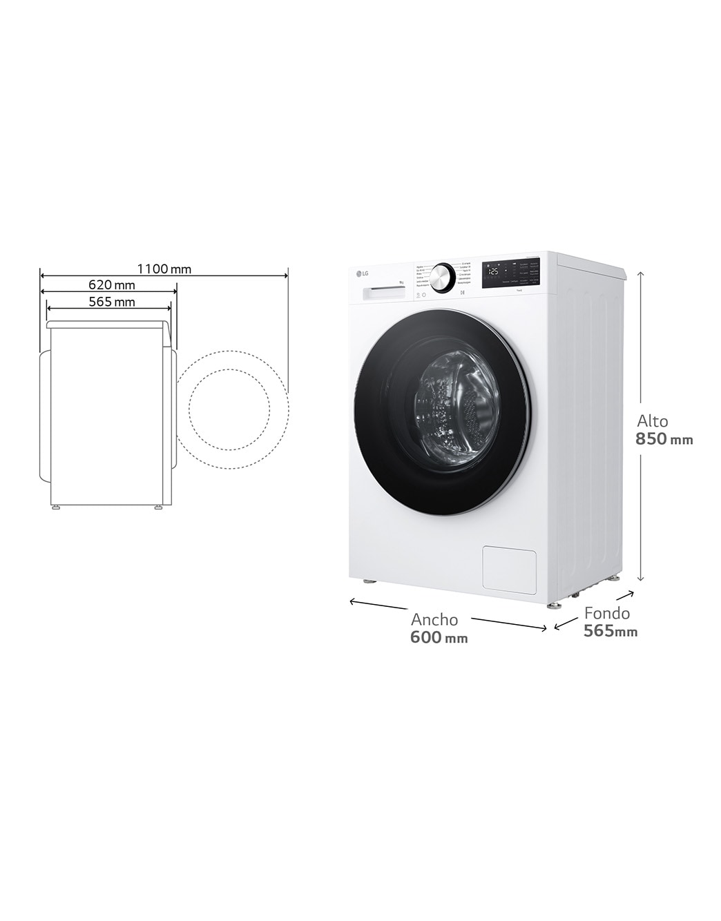 «Ancho 60 cm, alto 85 cm y fondo 61,5 cm. Fondo con la puerta abierta 113,5 cm.
Espacio libre en la parte trasera de la lavadora 10 cm, en la parte superior 0,5 cm y en los laterales 2 cm».
