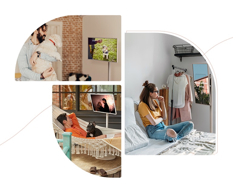 Tres collages de imágenes de estilo de vida de diferentes personas viendo la televisión alegremente durante su tiempo libre.