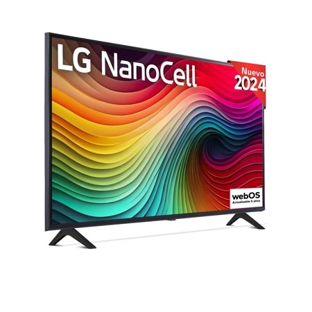 Front view of LG NanoCell TV, NANO81 with text of LG NanoCell, 2024, and webOS Re:New Program logo on screen