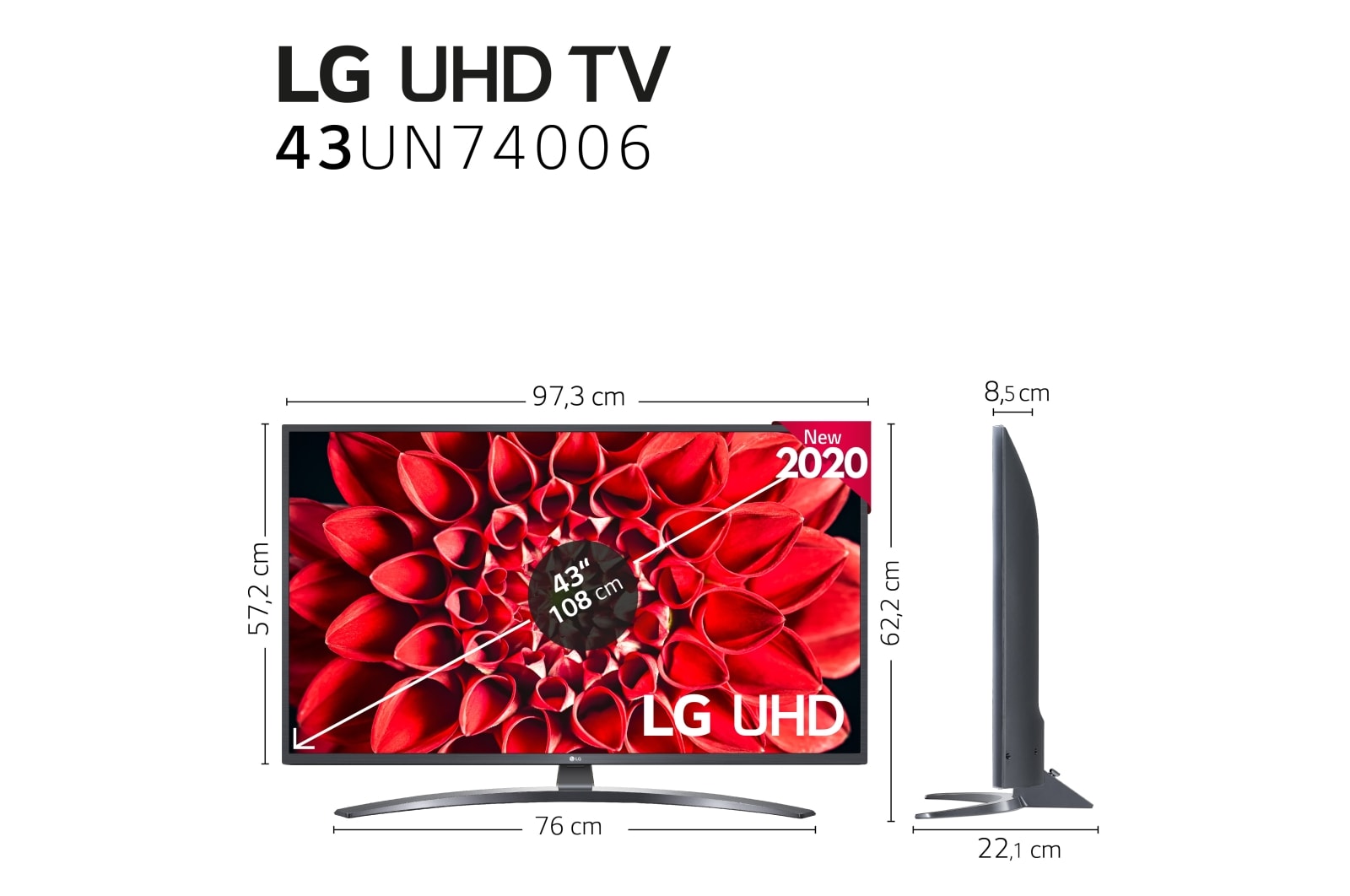 LG 43UN74006LB SMART TV UHD 4K - Smart TV con Inteligencia Artificial, 108cm (43"), Procesador Inteligente Quad Core, HDR 10 Pro, HLG, Sonido Ultra Surround, LED, G, 43UN74006LB