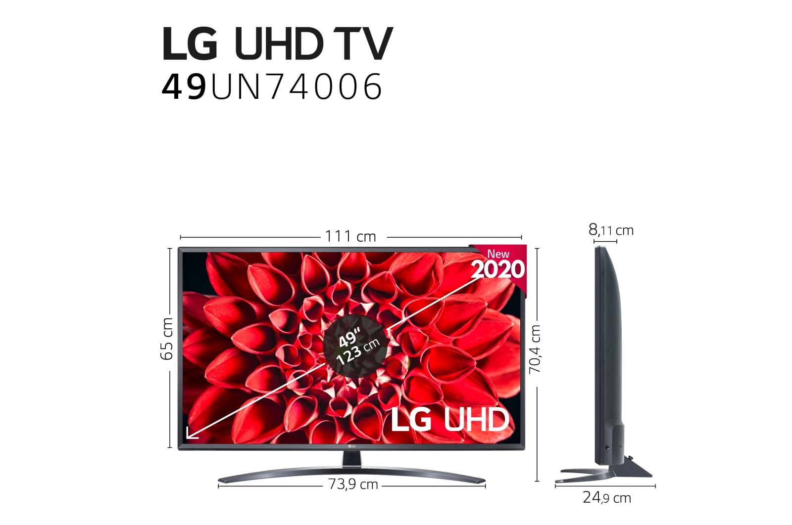 LG 49UN74006LB SMART TV UHD 4K - Smart TV con Inteligencia Artificial, 123cm (49"), Procesador Inteligente Quad Core, HDR 10 Pro, HLG, Sonido Ultra Surround, LED, F, 49UN74006LB