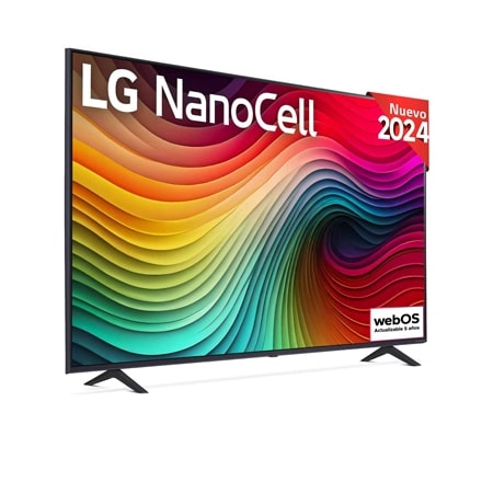 Front view of LG NanoCell TV, NANO81 with text of LG NanoCell, 2024, and webOS Re:New Program logo on screen