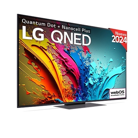 Front view of LG QNED TV, QNED85 with text of LG QNED, 2024, and webOS Re:New Program logo on screen
