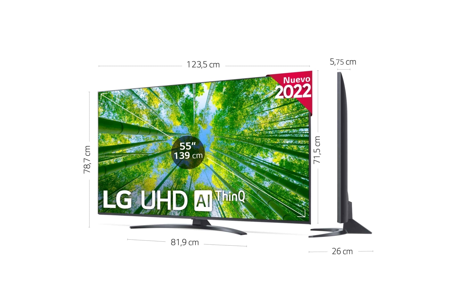 LG Televisor LG 4K UHD, Procesador de Gran Potencia 4K α5 Gen 5, compatible con formatos HDR 10, HLG y HGiG, Smart TV webOS22., 55UQ81006LB