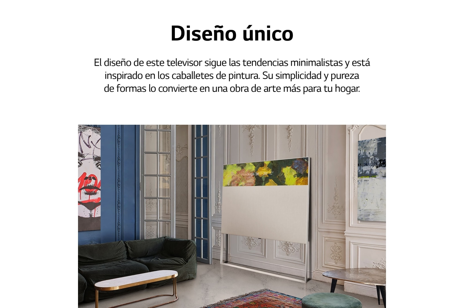 LG Televisor LG  4K OLED evo EASEL, Procesador Inteligente de Máxima Potencia 4K a9 Gen 5 con IA, compatible con el 100% de formatos HDR, HDR Dolby Vision y Dolby Atmos.  Smart TV webOS22. Exclusivo y elegante diseño en caballete., 65ART90E6QA