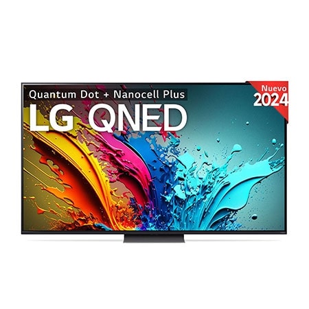 Vista frontal de un televisor LG QNED TV, QNED86 con el texto “LG QNED, 2024” y el logotipo del webOS Re:New Program en pantalla