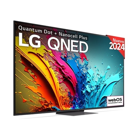 Vista frontal de un televisor LG QNED TV, QNED87 con el texto “LG QNED, 2024” y el logotipo del webOS Re:New Program en pantalla
