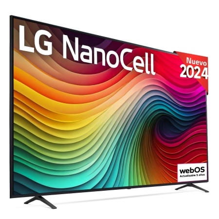 Front view of LG NanoCell TV, NANO80 with text of LG NanoCell, 2024, and webOS Re:New Program logo on screen