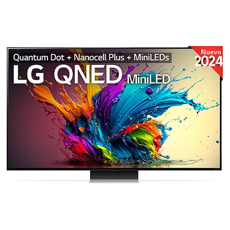 Vista frontal de un televisor LG QNED TV, QNED91 con el texto “LG QNED MiniLED, 2024” y el logotipo del webOS Re:New Program en pantalla