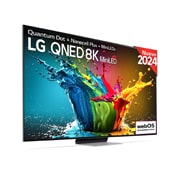 Front view of LG QNED TV, QNED99 with text of LG QNED 8K MiniLED and 2024 on screen