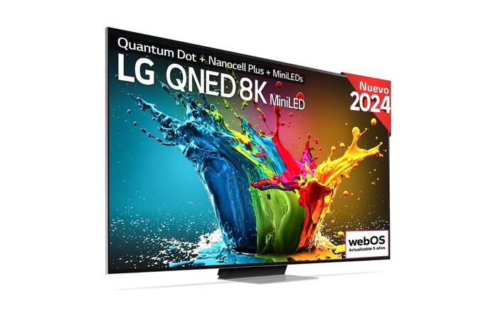 Front view of LG QNED TV, QNED99 with text of LG QNED 8K MiniLED and 2024 on screen