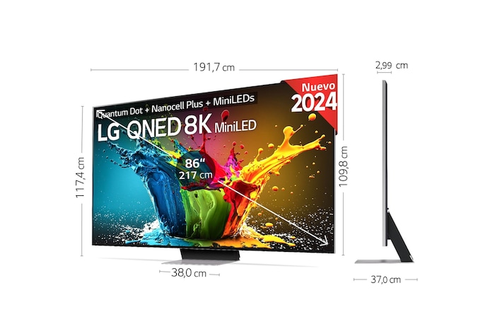 Slightly-angled left-facing side view of LG QNED TV, QNED99