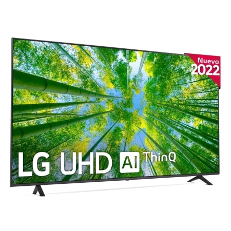 Vista frontal del LG UHD TV con imagen de relleno y logo del producto