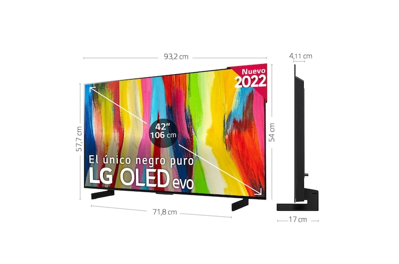 LG Televisor LG 4K OLED evo, Procesador Inteligente de Máxima Potencia 4K a9 Gen 5 con IA, compatible con el 100% de formatos HDR, HDR Dolby Vision, Dolby Atmos, Smart TV webOS22, el mejor TV para Gaming., OLED42C24LA