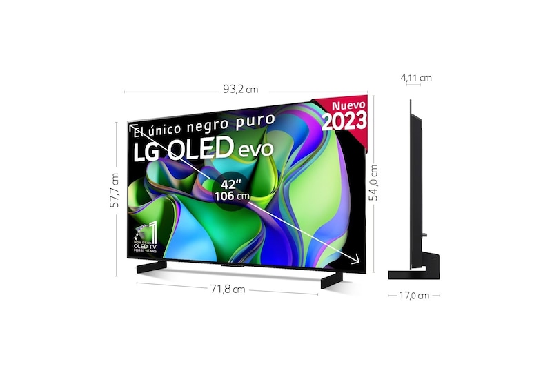 LG TV LG OLED evo 4K de 42'' C3, Procesador Máxima Potencia, Dolby Vision / Dolby ATMOS, Smart TV webOS23, el mejor TV para Gaming., OLED42C34LA