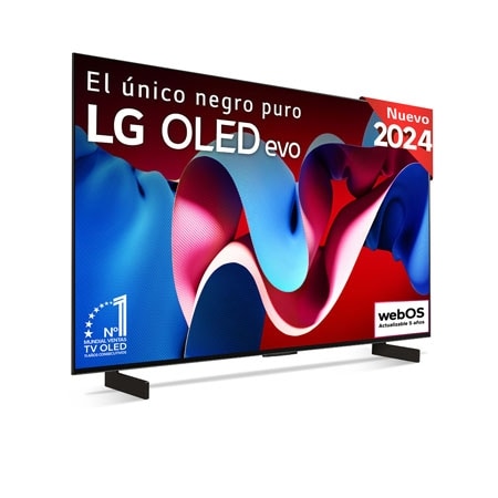 Vista frontal con la televisión LG OLED evo AI, la OLED C4, el emblema de la OLED número 1 del mundo durante 11 años y el logotipo del programa webOS Re:New en la pantalla