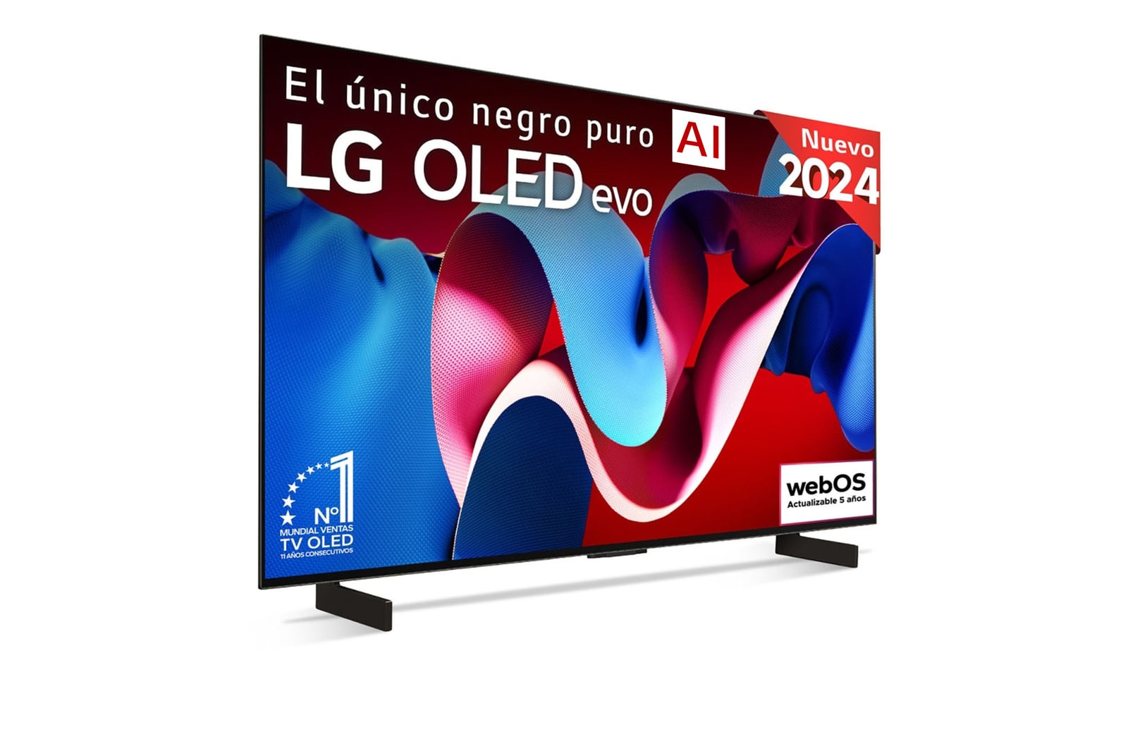 Vista frontal con la televisión LG OLED evo AI, la OLED C4, el emblema de la OLED número 1 del mundo durante 11 años y el logotipo del programa webOS Re:New en la pantalla