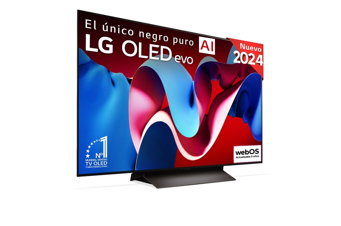 Vista frontal con la televisión LG OLED evo AI, la OLED C4, el emblema de la OLED número 1 del mundo durante 11 años y el logotipo del programa webOS Re:New en la pantalla