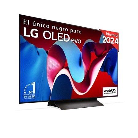 Vista frontal con LG OLED evo TV, OLED C4, emblema 11 Years of world number 1 OLED y logotipo del programa webOS Re:New en pantalla, así como la barra de sonido debajo