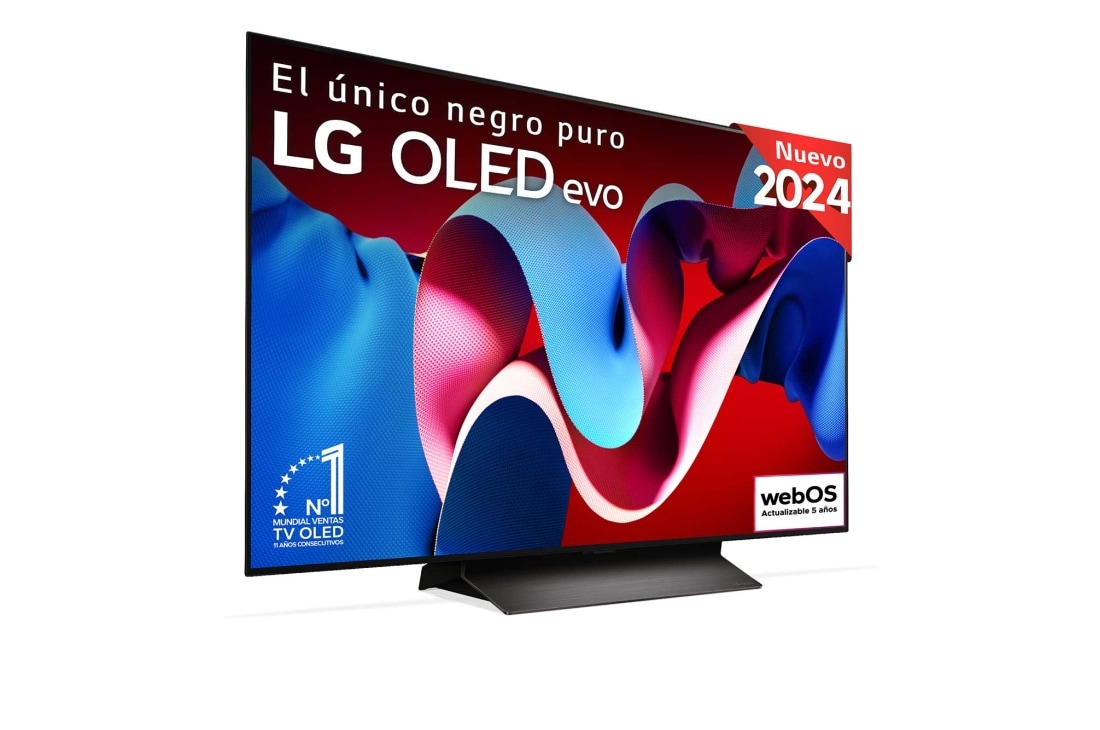 Vista frontal con la televisión LG OLED evo AI, la OLED C4, el emblema de la OLED número 1 del mundo durante 11 años y el logotipo del programa webOS Re:New en la pantalla
