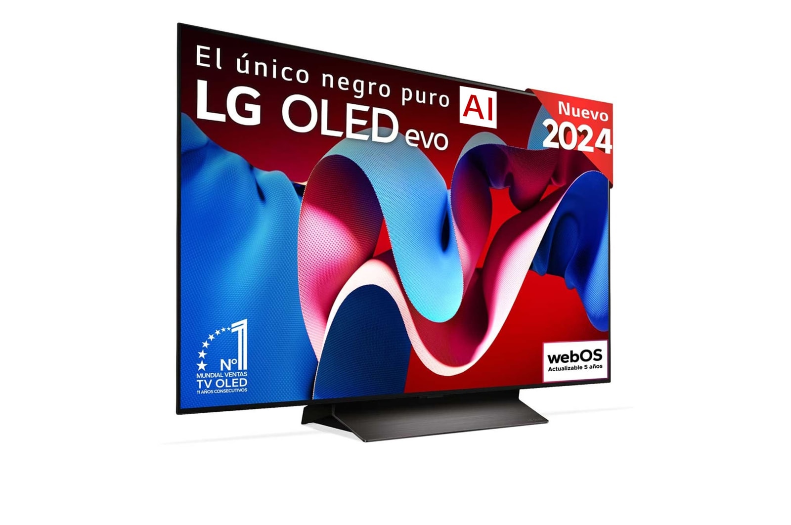 Vista frontal con la televisión LG OLED evo AI, la OLED C4, el emblema de la OLED número 1 del mundo durante 11 años y el logotipo del programa webOS Re:New en la pantalla