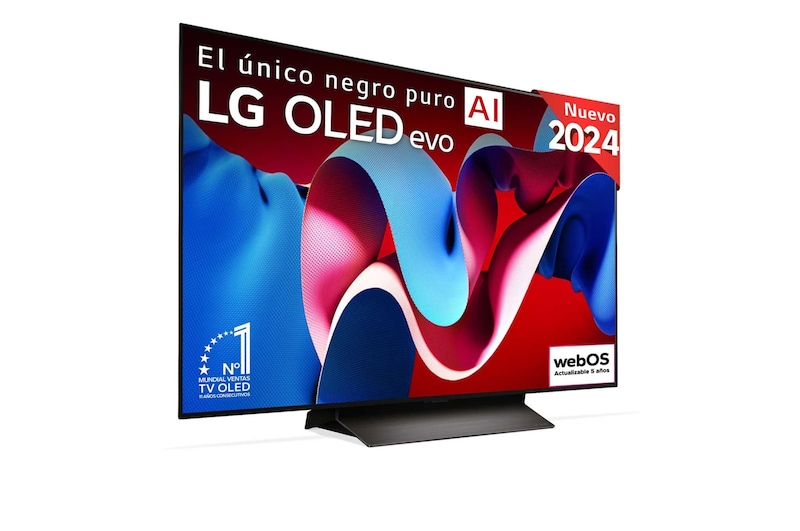 Vista frontal con la televisión LG OLED evo AI, la OLED C4, el emblema de la OLED número 1 del mundo durante 11 años y el logotipo del programa webOS Re:New en la pantalla