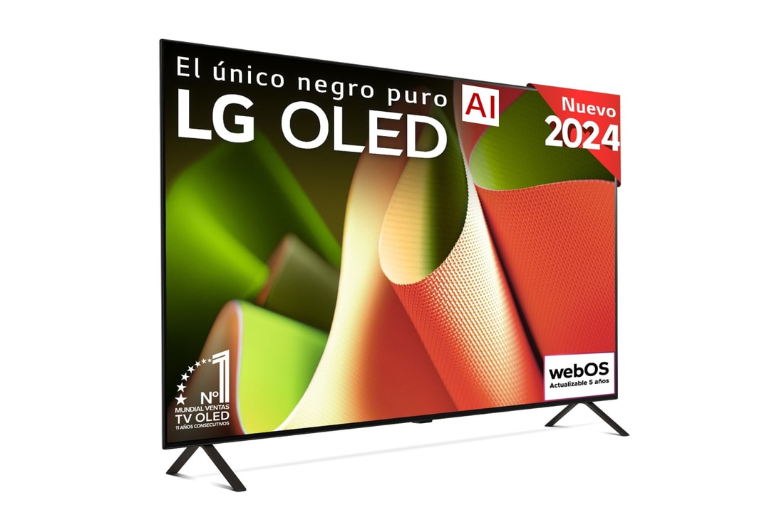 Vista frontal con LG OLED TV, OLED AI B4, emblema 11 Years of world number 1 OLED y logotipo del programa webOS Re:New Program en pantalla con soporte de 2 patas