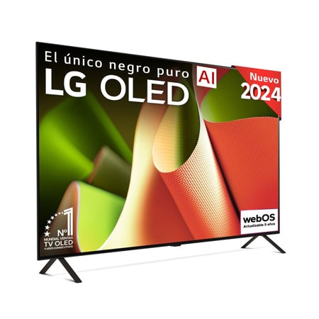 Vista frontal con LG OLED TV, OLED AI B4, emblema 11 Years of world number 1 OLED y logotipo del programa webOS Re:New Program en pantalla con soporte de 2 patas