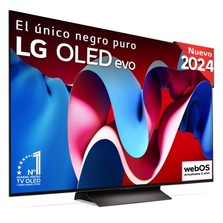 Vista frontal con la televisión LG OLED evo AI, la OLED C4, el logotipo de la OLED número 1 del mundo durante 11 años y el logotipo del programa webOS Re:New en la pantalla