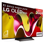 Vista frontal con la televisión LG OLED evo AI, la OLED C4, el logotipo de la OLED número 1 del mundo durante 11 años y el logotipo del programa webOS Re:New en la pantalla