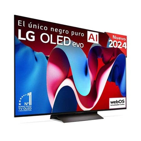 Vista frontal del televisor LG OLED evo C4 AI OLED55C44LA, con el emblema de 11 años como el número 1 mundial en OLED y el logotipo de webOS.