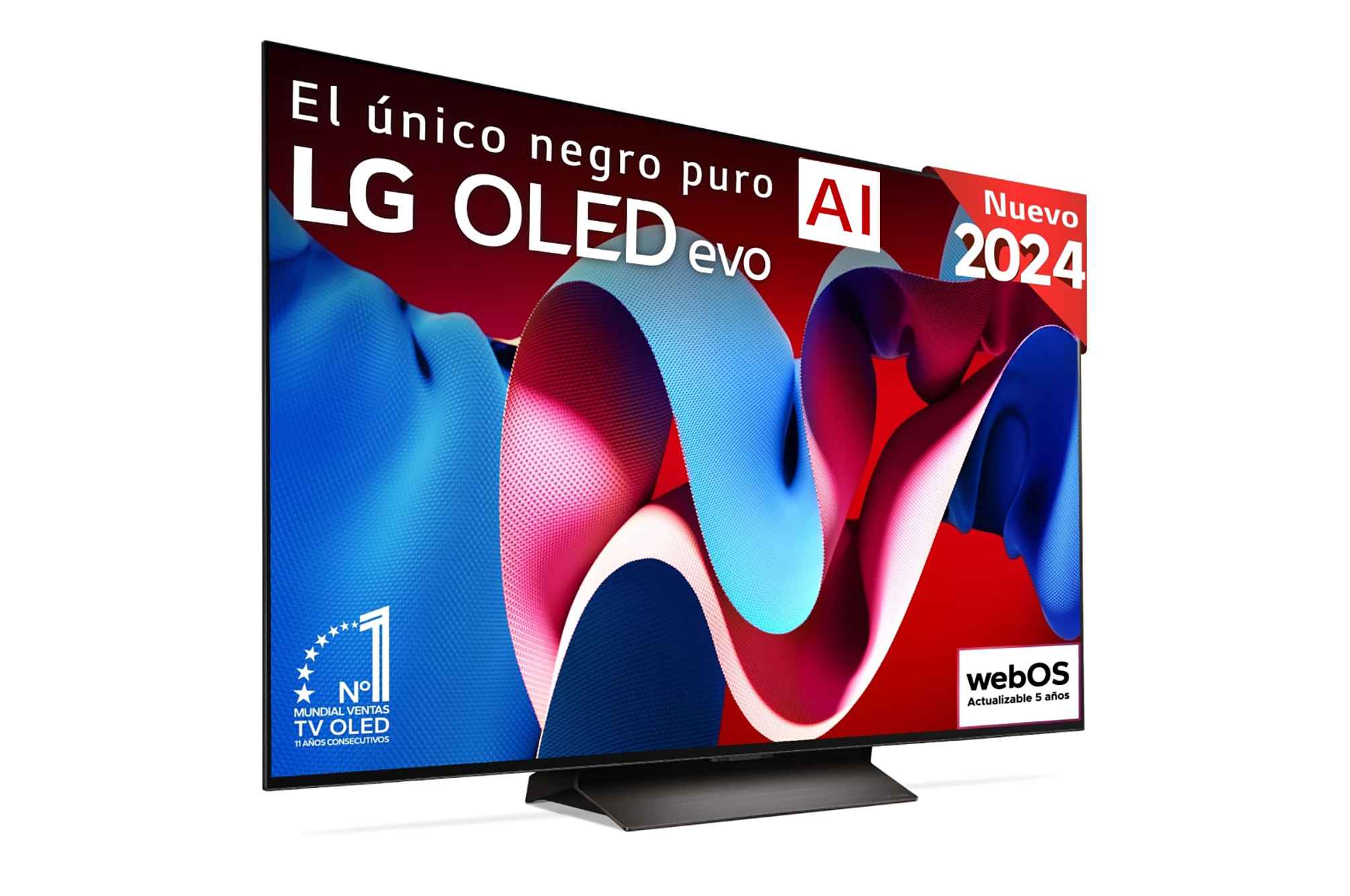 Vista frontal con la televisión LG OLED evo AI, la OLED C4, el logotipo de la OLED número 1 del mundo durante 11 años y el logotipo del programa webOS Re:New en la pantalla