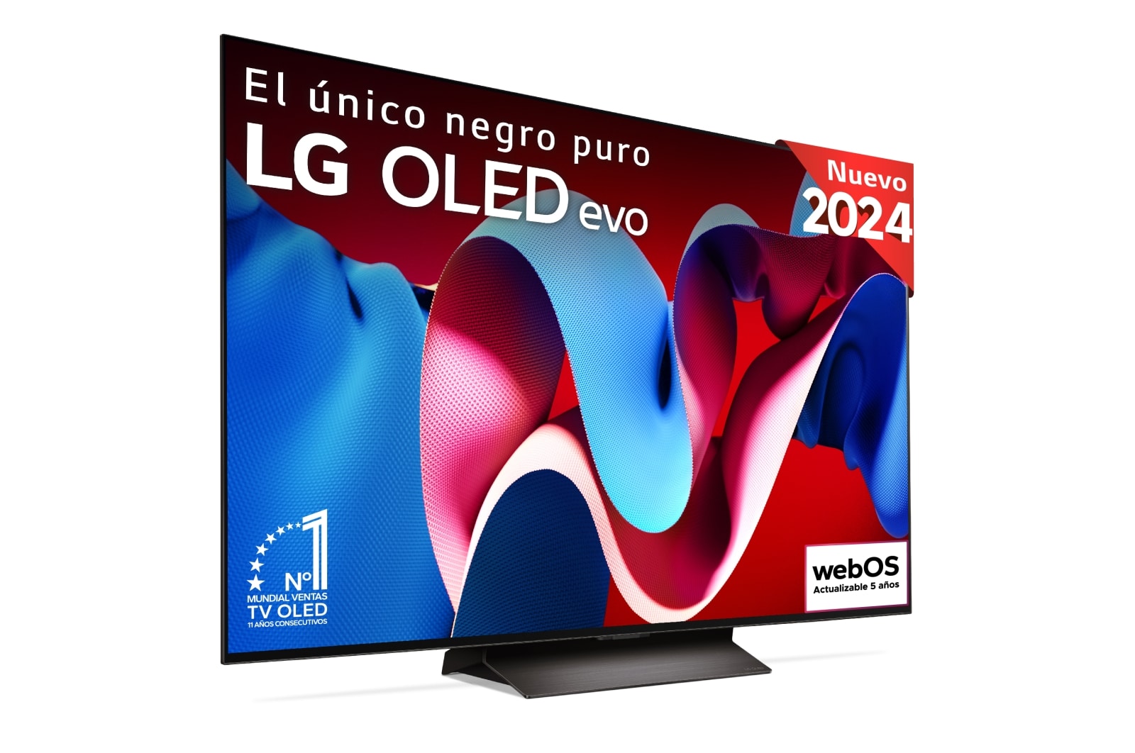 Vista frontal con la televisión LG OLED evo AI, la OLED C4, el logotipo de 11 años siendo el número 1 mundial de OLED y el logotipo del programa webOS Re:New en la pantalla, así como la Soundbar debajo