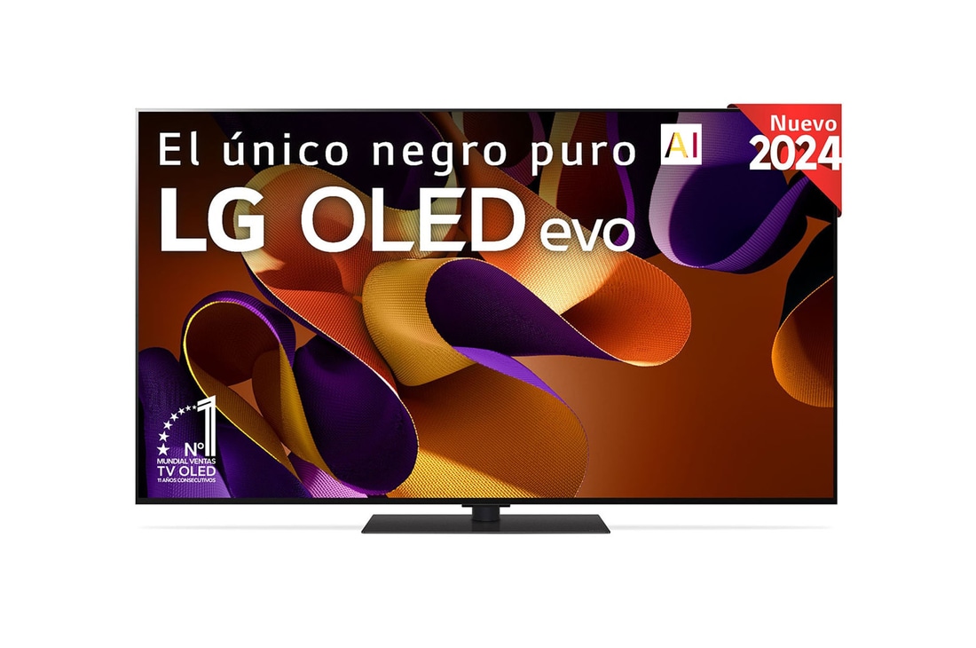 Vista frontal de un LG OLED evo AI TV, OLED G4, con el emblema “11 Years of world number 1 OLED”, el logotipo del programa webOS Re:New Program y el logotipo de la Garantía de 5 años en pantalla