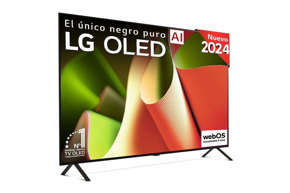 Vista frontal con LG OLED TV, OLED AI B4, emblema 11 Years of world number 1 OLED y logotipo del programa webOS Re:New Program en pantalla con soporte de 2 patas