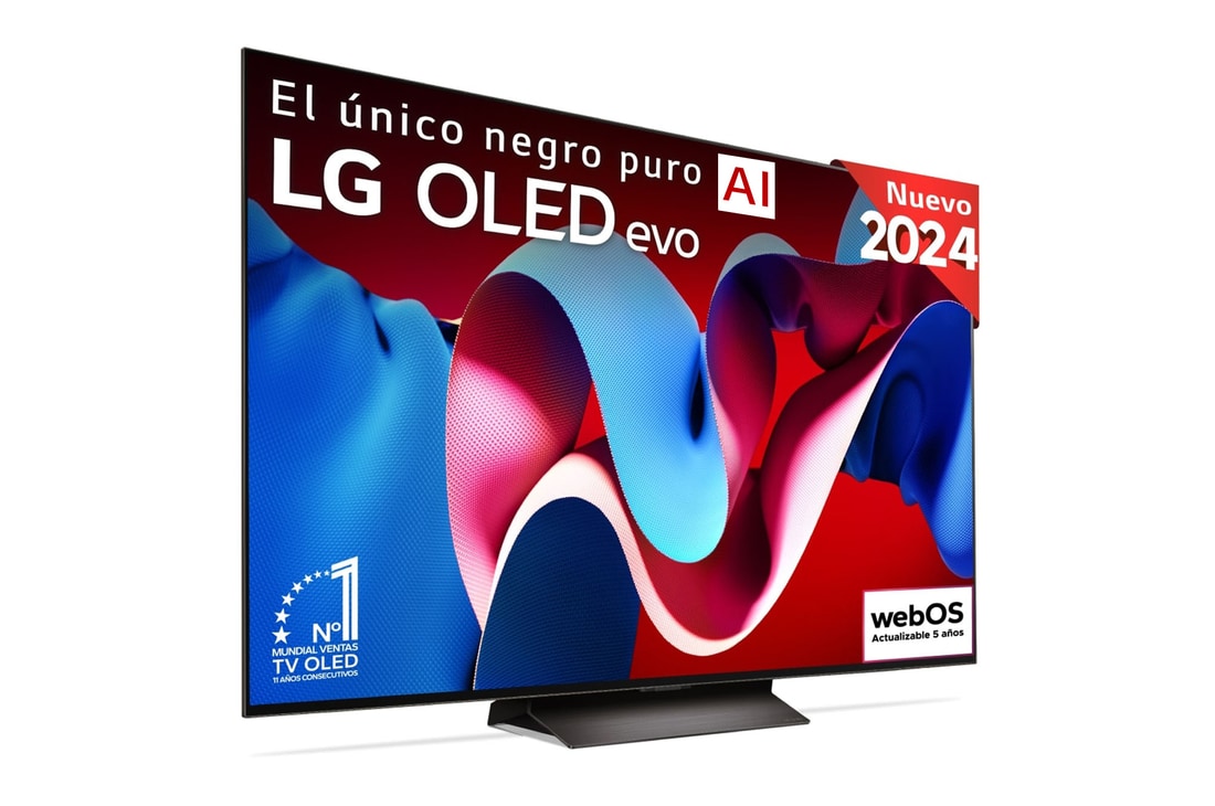 Vista frontal con la televisión LG OLED evo AI, la OLED C4, el logotipo de 11 años siendo el número 1 mundial de OLED y el logotipo del programa webOS Re:New en la pantalla, así como la Soundbar debajo