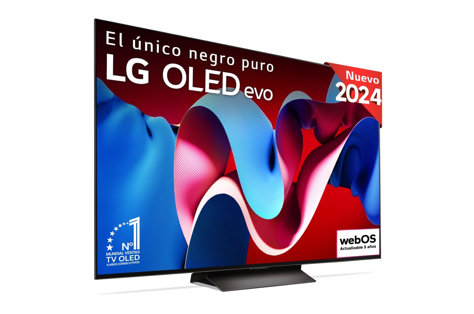 Vista frontal con la televisión LG OLED evo AI, la OLED C4, el logotipo de 11 años siendo el número 1 mundial de OLED y el logotipo del programa webOS Re:New en la pantalla, así como la Soundbar debajo