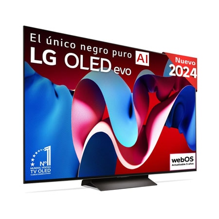  Vista frontal con la televisión LG OLED evo AI, la OLED C4, el logotipo de 11 años siendo el número 1 mundial de OLED y el logotipo del programa webOS Re:New en la pantalla, así como la Soundbar debajo