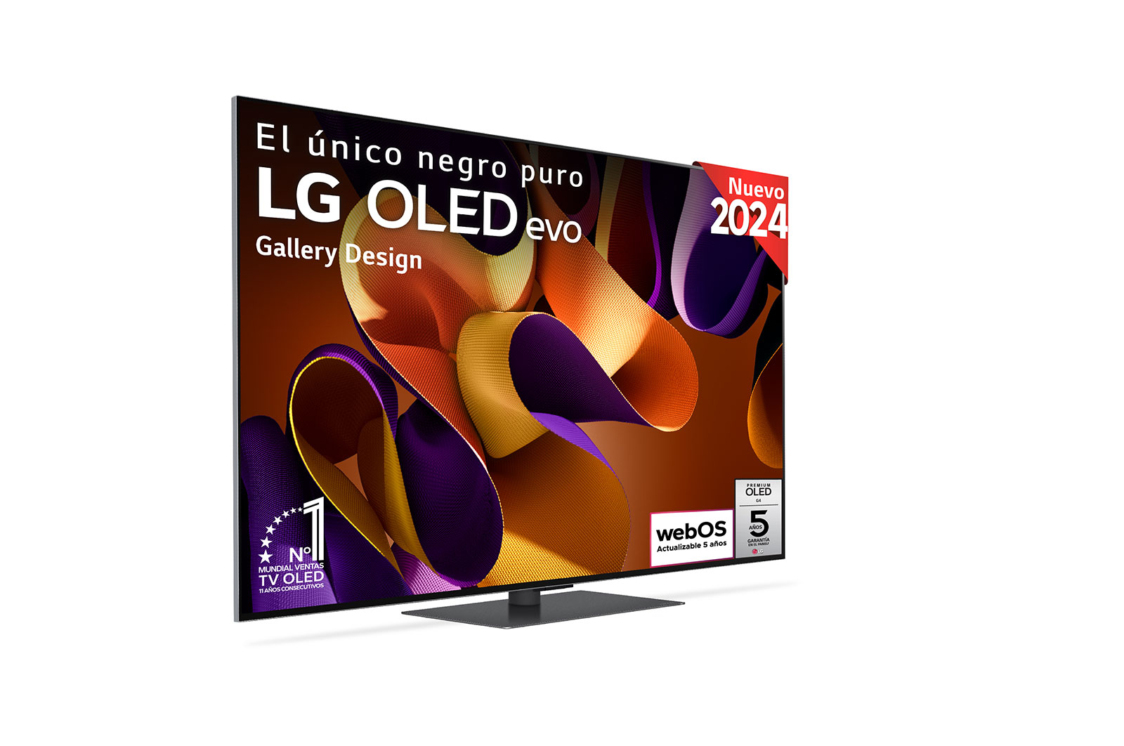 Vista frontal de un LG OLED evo AI TV, OLED G4, con el emblema “11 Years of world number 1 OLED”, el logotipo del programa webOS Re:New Program y el logotipo de la Garantía de 5 años en pantalla con la barra de sonido debajo