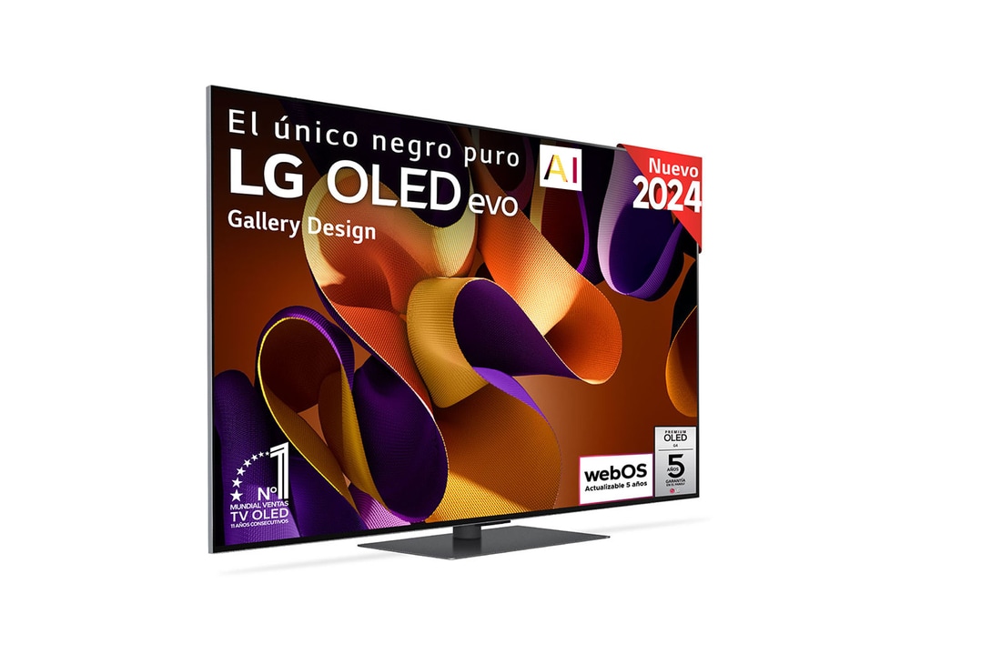 Vista frontal de un LG OLED evo AI TV, OLED G4, con el emblema “11 Years of world number 1 OLED”, el logotipo del programa webOS Re:New Program y el logotipo de la Garantía de 5 años en pantalla con la barra de sonido debajo