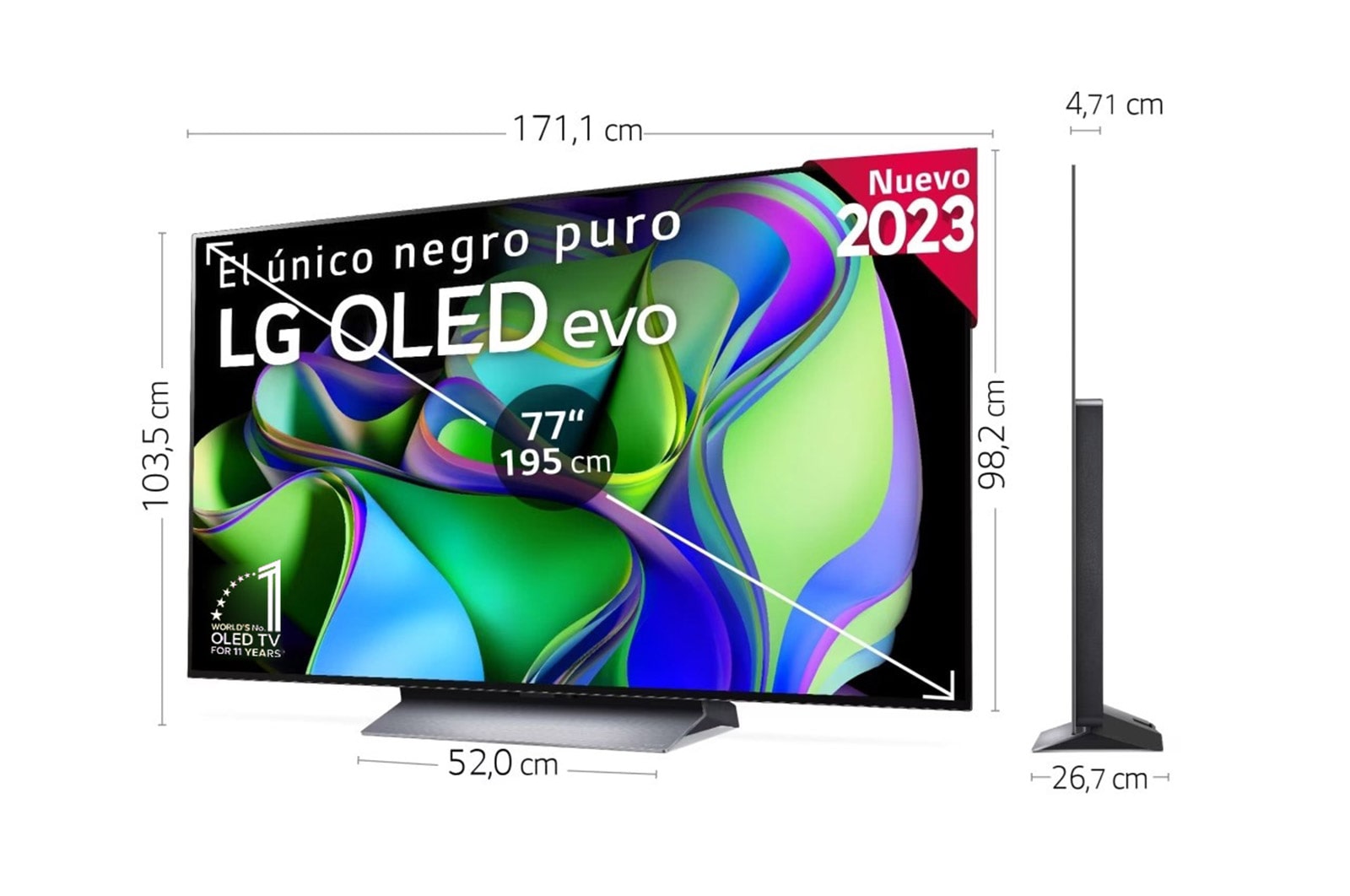 LG TV LG OLED evo 4K de 77'' C3, Procesador Máxima Potencia, Dolby Vision / Dolby ATMOS, Smart TV webOS23, el mejor TV para Gaming., Slightly-angled right-facing side view., OLED77C36LC