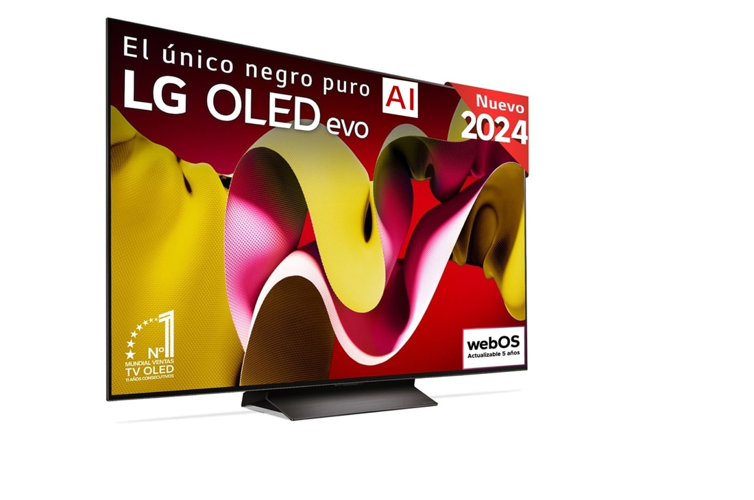 Vista frontal con la televisión LG OLED evo AI, la OLED C4, el logotipo de 11 años siendo el número 1 mundial de OLED y el logotipo del programa webOS Re:New en la pantalla, así como la Soundbar debajo