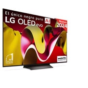 Vista frontal con la televisión LG OLED evo AI, la OLED C4, el logotipo de 11 años siendo el número 1 mundial de OLED y el logotipo del programa webOS Re:New en la pantalla, así como la Soundbar debajo