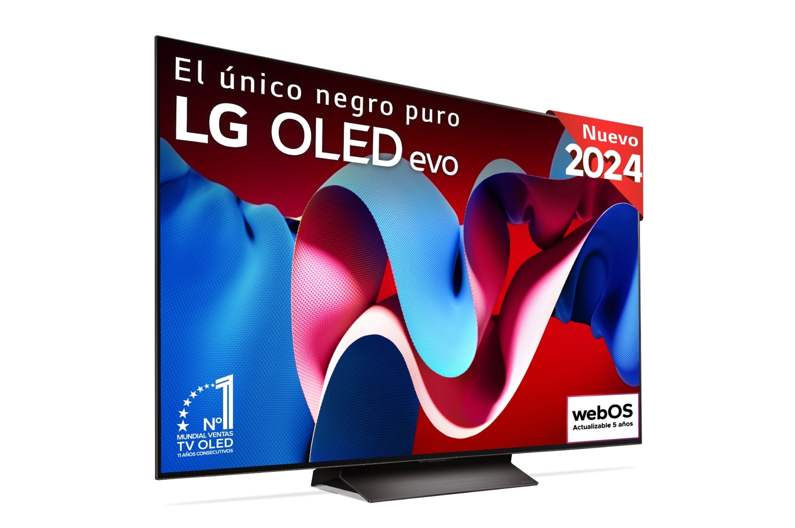Vista frontal con la televisión LG OLED evo AI, la OLED C4, el logotipo de 11 años siendo el número 1 mundial de OLED y el logotipo del programa webOS Re:New en la pantalla, así como la Soundbar debajo