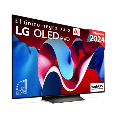 Vista frontal con la televisión LG OLED evo AI, la OLED C4, el logotipo de 11 años siendo el número 1 mundial de OLED y el logotipo del programa webOS Re:New en la pantalla, así como la Soundbar debajo