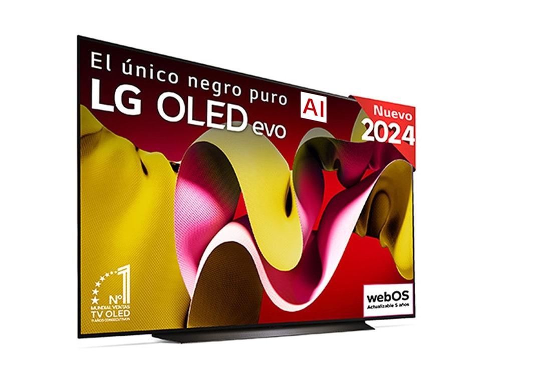 Vista frontal con la televisión LG OLED evo AI, la OLED C4, el emblema de la OLED número 1 del mundo durante 11 años y el logotipo del programa webOS Re:New en la pantalla