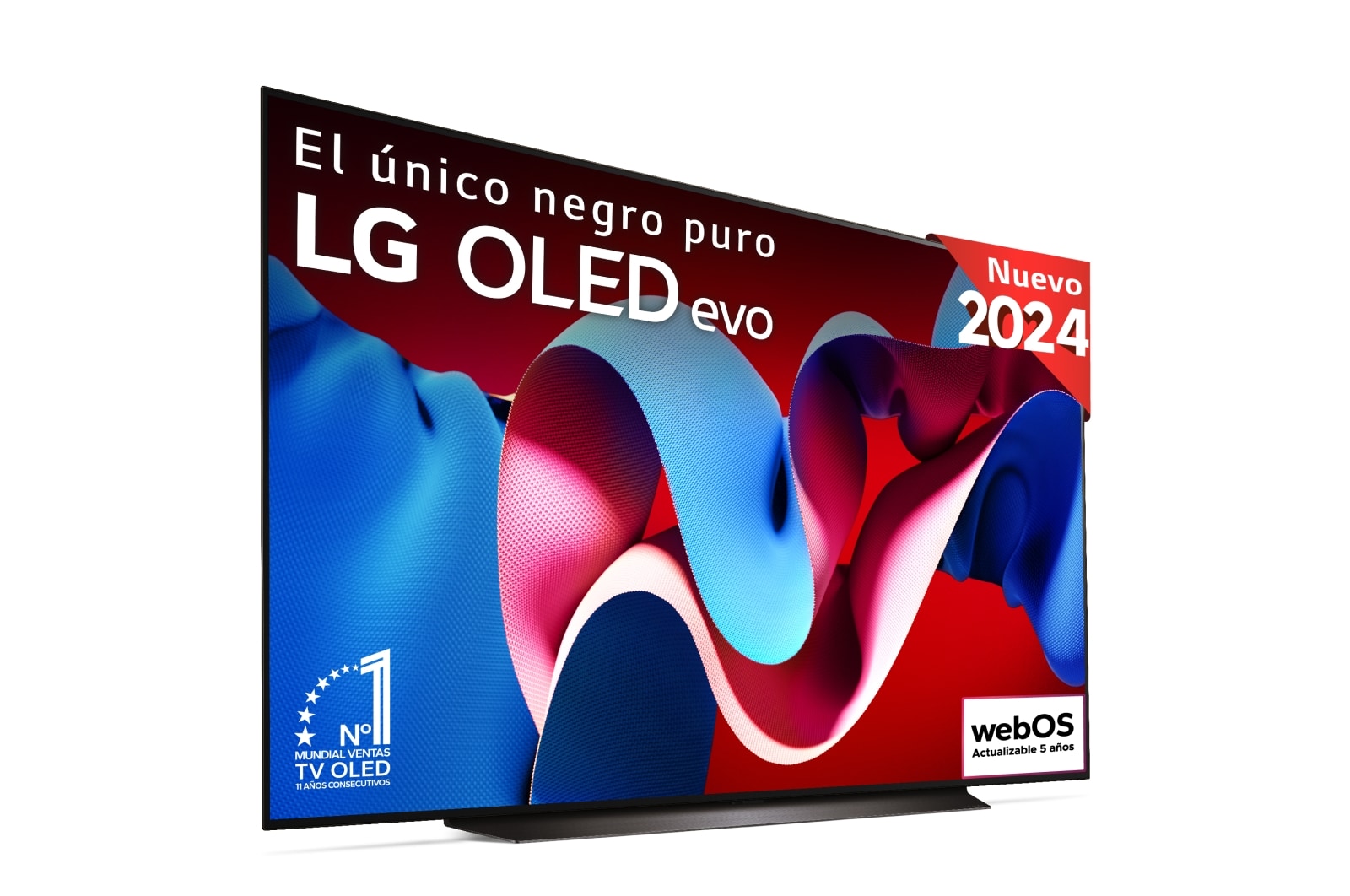 Vista frontal con la televisión LG OLED evo AI, la OLED C4, el emblema de la OLED número 1 del mundo durante 11 años y el logotipo del programa webOS Re:New en la pantalla